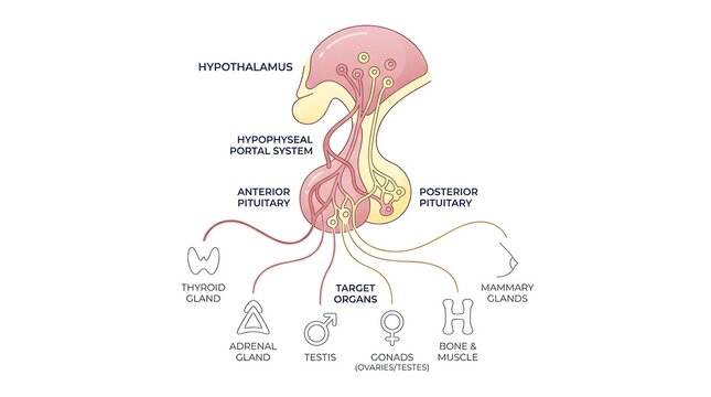 Illustration of the human hypothalamus and pituitary gland regulating various target organs.