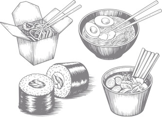 Hand-drawn of asian cuisine noodles, sushi, and ramen © Anjuman_42