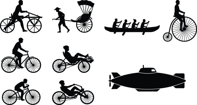 Historic and Human Powered Transportation Silhouette Collection Vector Travel Set