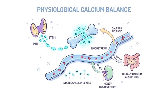 Illustration of physiological calcium balance showing the roles of parathyroid hormone, bones, kidneys, and intestines in regulating blood calcium levels.