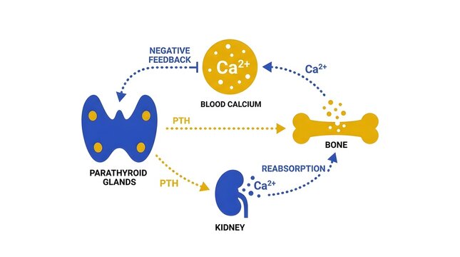 Diagram illustrating the regulation of blood calcium levels by parathyroid glands, bone, and kidneys, highlighting PTH and negative feedback mechanisms.