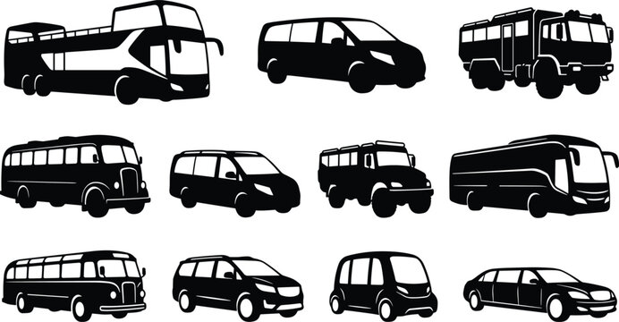 Passenger Bus Van and Utility Vehicle Silhouette Collection Vector Transportation Set