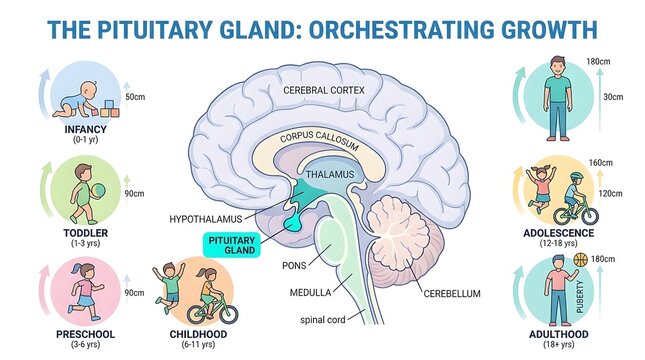 Detailed diagram illustrating the human pituitary gland's role in orchestrating growth across different life stages from infancy to adulthood.