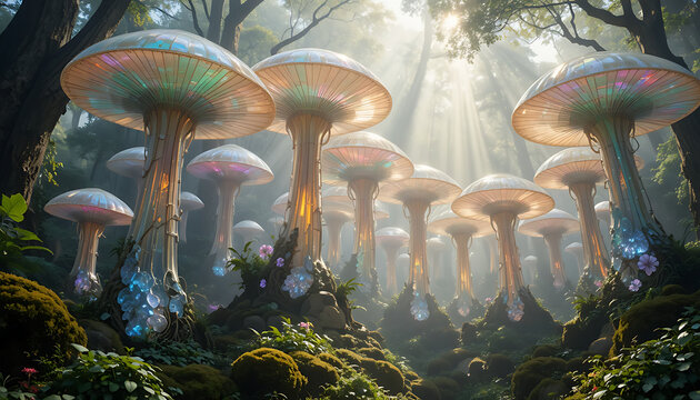 Jellyfish-shaped mushrooms growing in a green forest with moss and grass in autumn nature