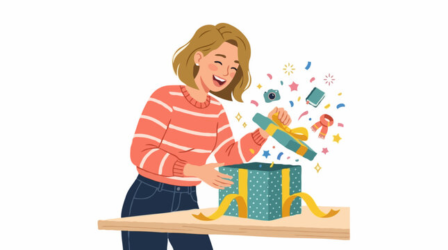 A happy woman opening a gift box with colorful confetti flying out, revealing a surprise