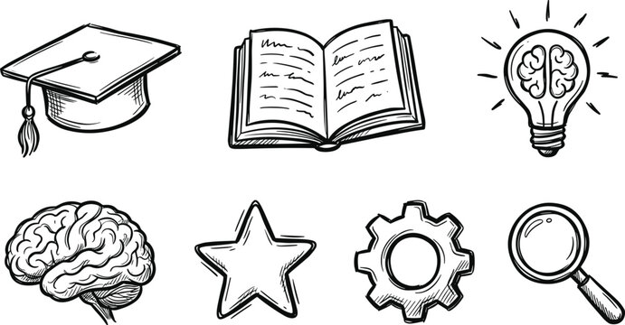 Hand Drawn Education and Knowledge Sketch Icon Set Featuring Graduation Cap Open Book Idea Light Bulb Human Brain Star Gear and Magnifying Glass Vector Illustrations