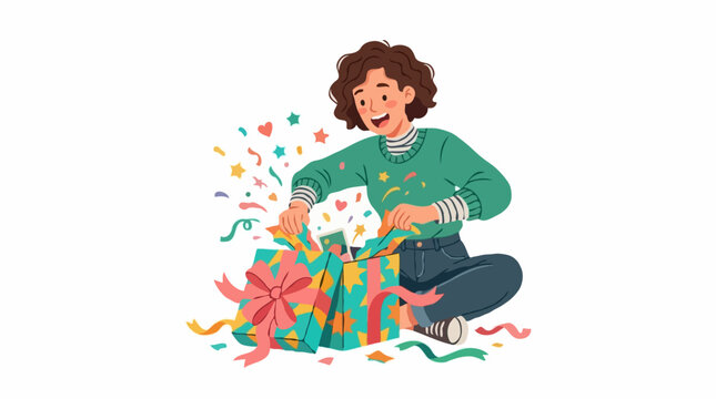 A young woman is excitedly opening a gift box, with colorful confetti and streamers flying around her. She is sitting cross-legged, wearing a green sweater and blue jeans.