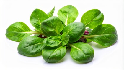 Obraz premium A fresh bunch of vibrant green corn salad leaves isolated on a white background perfect for healthy lifestyle and wellness concepts.