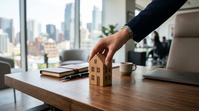Hand places wooden house block on office desk with cityscape view
