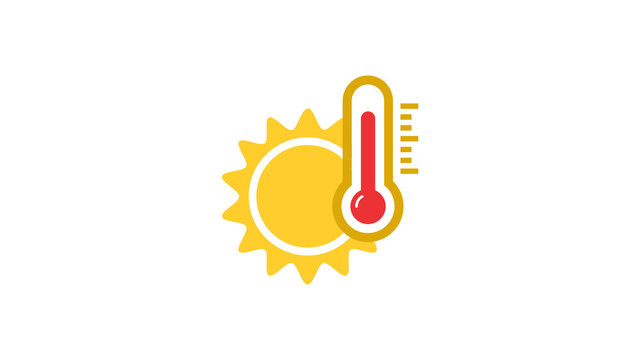 Hot weather thermometer icon with yellow sun symbol 