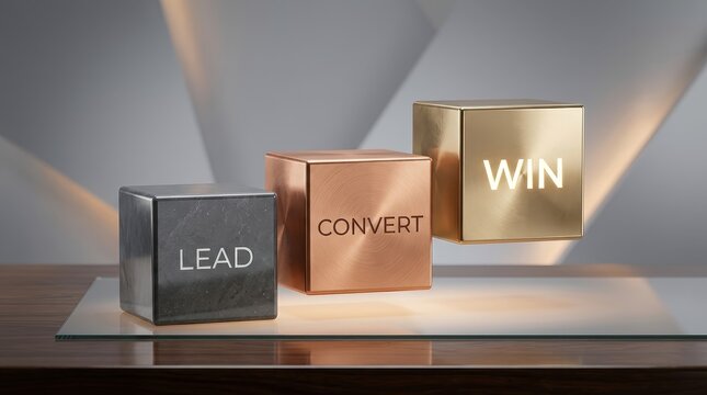 Sales concept with blocks labelled lead convert win
