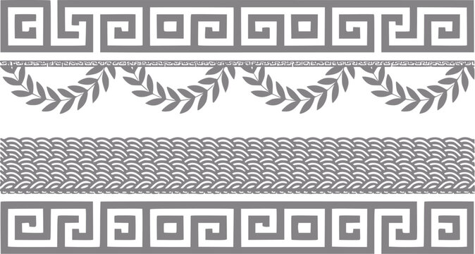 Collection of greek key, laurel wreath, and wave pattern borders