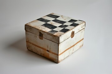 Fototapeta premium Distressed wooden box featuring a hand painted black and white checkered design on its lid