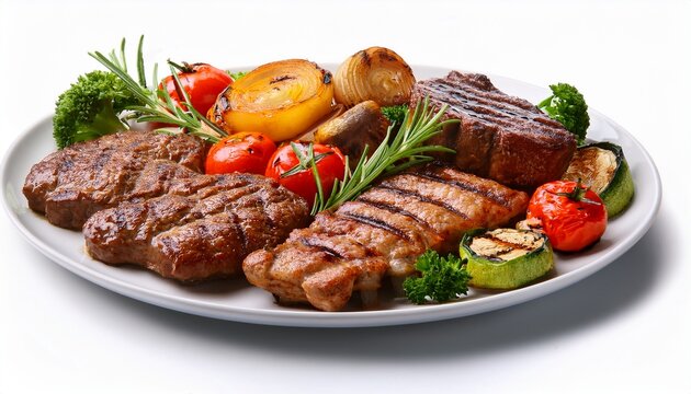 assorted delicious grilled meat with vegetables on white plate