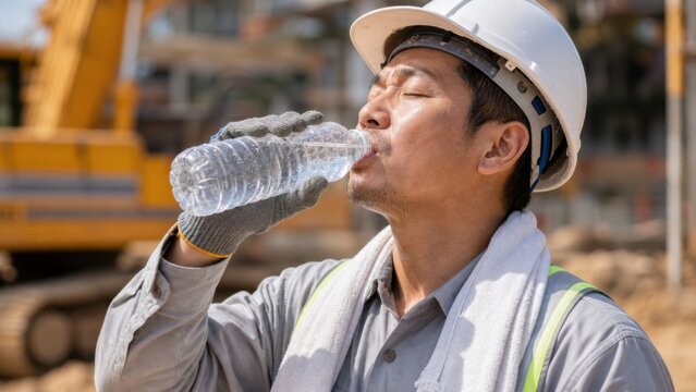 Asian construction worker wearing safety helmet drinks cold water from plastic bottle to stay hydrated during hot summer work day