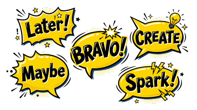 Yellow comic bubbles with later and spark words.