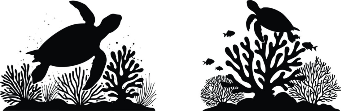 Sea turtle and coral reef silhouette illustrations representing marine wildlife and ocean ecosystem design