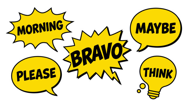 Yellow comic bubbles including morning greetings and brainstorming symbols.
