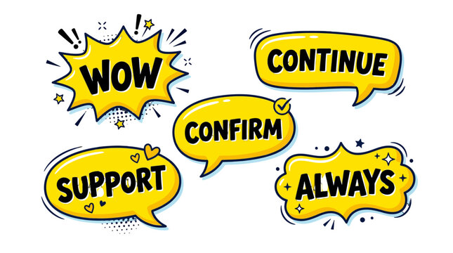 Yellow comic bubbles for wow and support text.