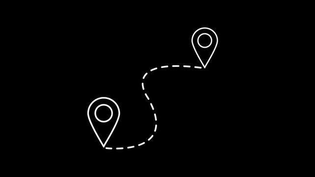 White line art of map route tracking icon with two location pins and a dashed path, representing travel navigation on a black background vector.