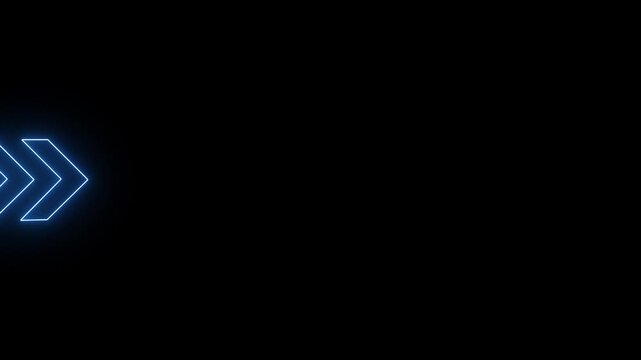 Glowing blue neon forward chevron arrows icon pointing right side, representing speed direction and next progress on a black background vector.