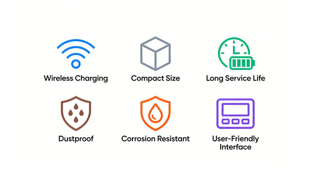 Six colorful portable digital icons represent the concept of easy-to-use products that are wireless fast charging, compact and durable, and dust-proof and corrosion-resistant.
