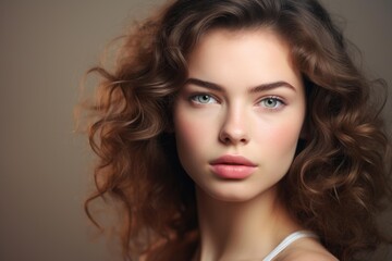 Fototapeta premium Young woman posing with natural makeup and flowing wavy hair