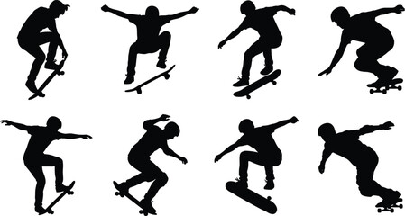 Skateboarder Silhouette Collection with Dynamic Skateboarding Tricks and Action Poses © MdHaberar