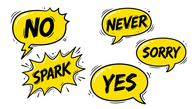 Yellow comic bubbles with no yes and sorry text.