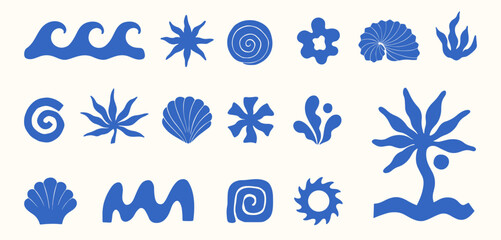 Retro surf icon set with ocean waves,seashells,palm tree,coral,organic shapes and forms.Coastal summer aesthetic.Minimal tropical emblems for resort branding,surf logos,packaging,stickers,social media © Xenia Artwork 