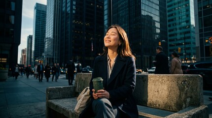 Fototapeta premium Young Businesswoman Enjoying Mindful Coffee Break in Modern Financial District at Sunrise