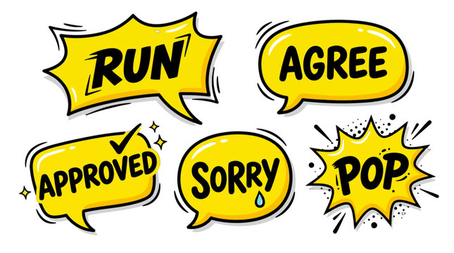 Yellow comic bubbles with run agree approved sorry pop text