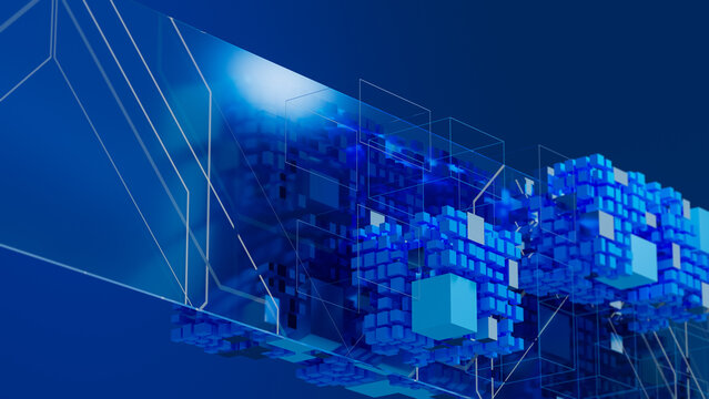 Futuristic data network technology background with data cubes