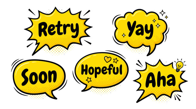 Yellow comic bubbles with retry yay and hopeful text.