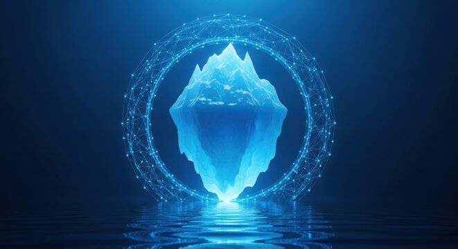 Glowing blue iceberg inside a digital data circle illustration