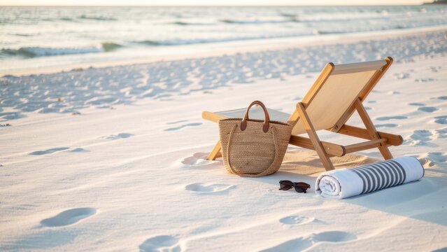 luxury modern lounge chair set up on white sand beach at golden hour with accessories for travel promotion
