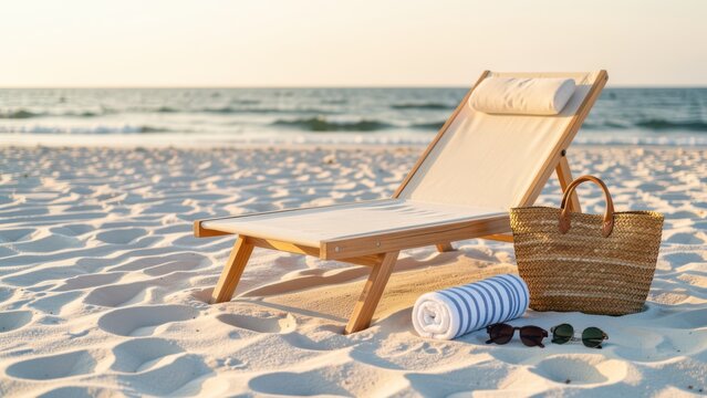 luxury modern lounge chair set up on white sand beach at golden hour with accessories for travel promotion