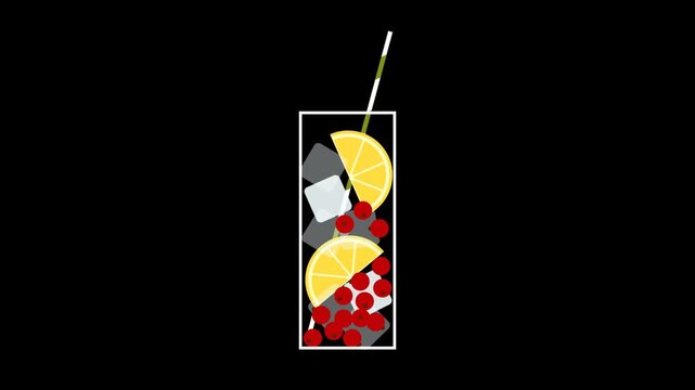 Animated Tropical Cocktail Drink with Floating Fruit and Ice Cubes, Summer Refreshment Motion Graphic on Transparent Background