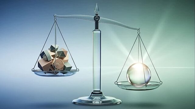 A glass scale balances geometric shapes against a glowing orb