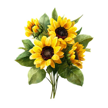 Hand-painted watercolor artwork of Sunflower Bouquet, isolated on white background