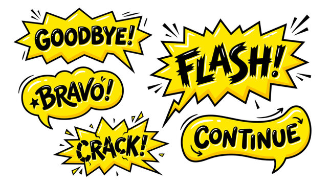 Yellow comic speech bubbles with goodbye and bravo text.