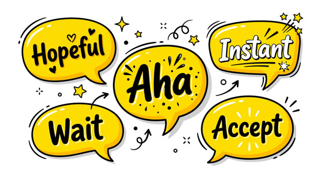 Yellow comic speech bubbles with hopeful wait aha instant accept
