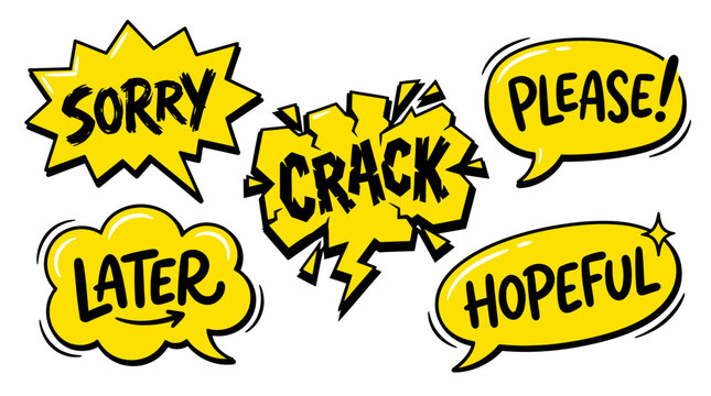 Yellow comic stickers with apologetic and hopeful words.