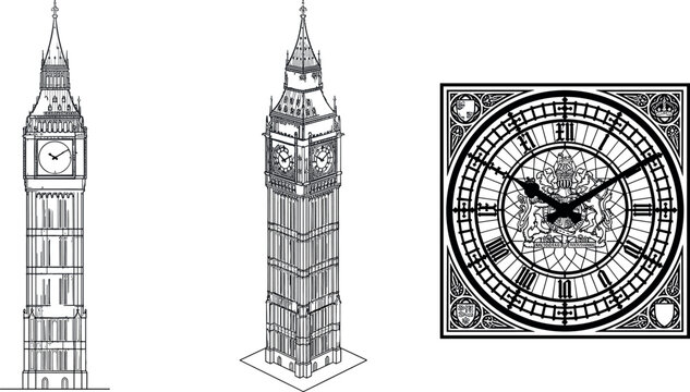 Big Ben Elizabeth Tower Vector Set with Detailed Isometric Clock Tower Views and Square Clock Face for United Kingdom Travel Architecture Heritage ProjectsBig Ben Elizabeth Tower Vector Set with Detai
