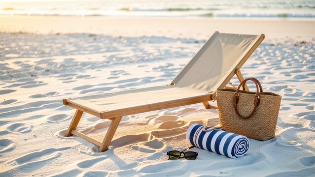 luxury modern lounge chair set up on white sand beach at golden hour with accessories for travel promotion