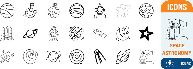 Outer space planets astronaut galaxy icons. planet icon set, astronaut icon set, rocket icon set © Sifat Shop