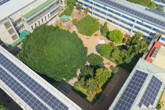 Aerial View of School Campus with Solar Panels