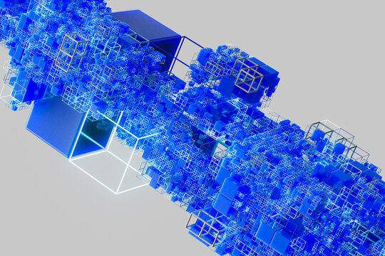 Horizontal abstract cube network in blue tones