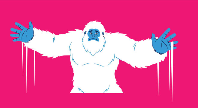 Large white furry yeti or abominable snowman with blue skin on its hands and face reaching out on a vibrant pink background for a character.
