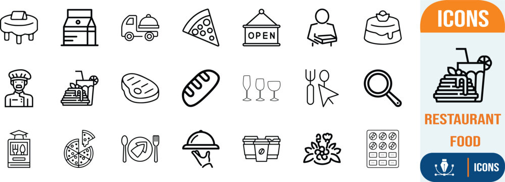 Restaurant food and delivery service. pizza icon set, chef icon set, steak icon set